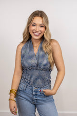 Gingham Woven Smock Waist Halter Top