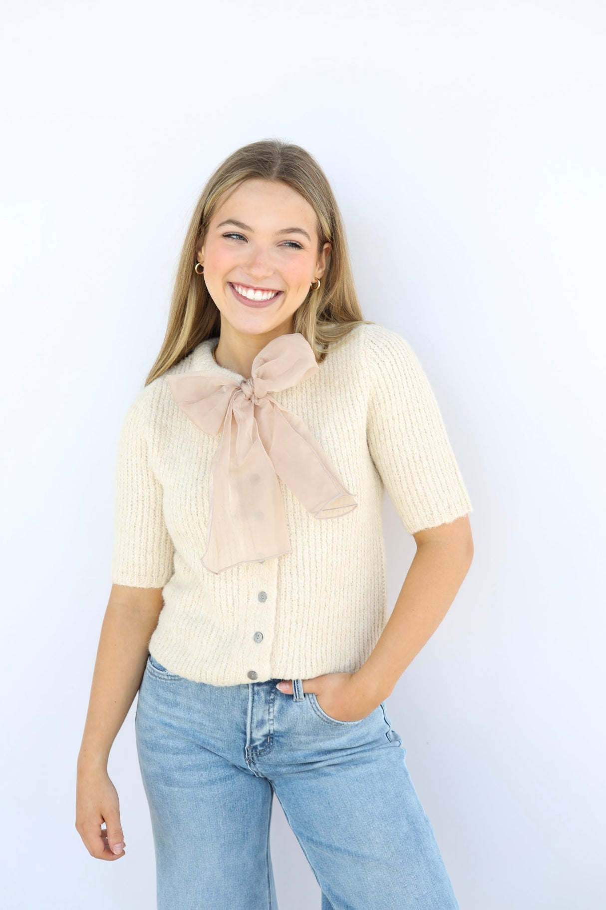 KNIT CARDI CHIFFON BOW