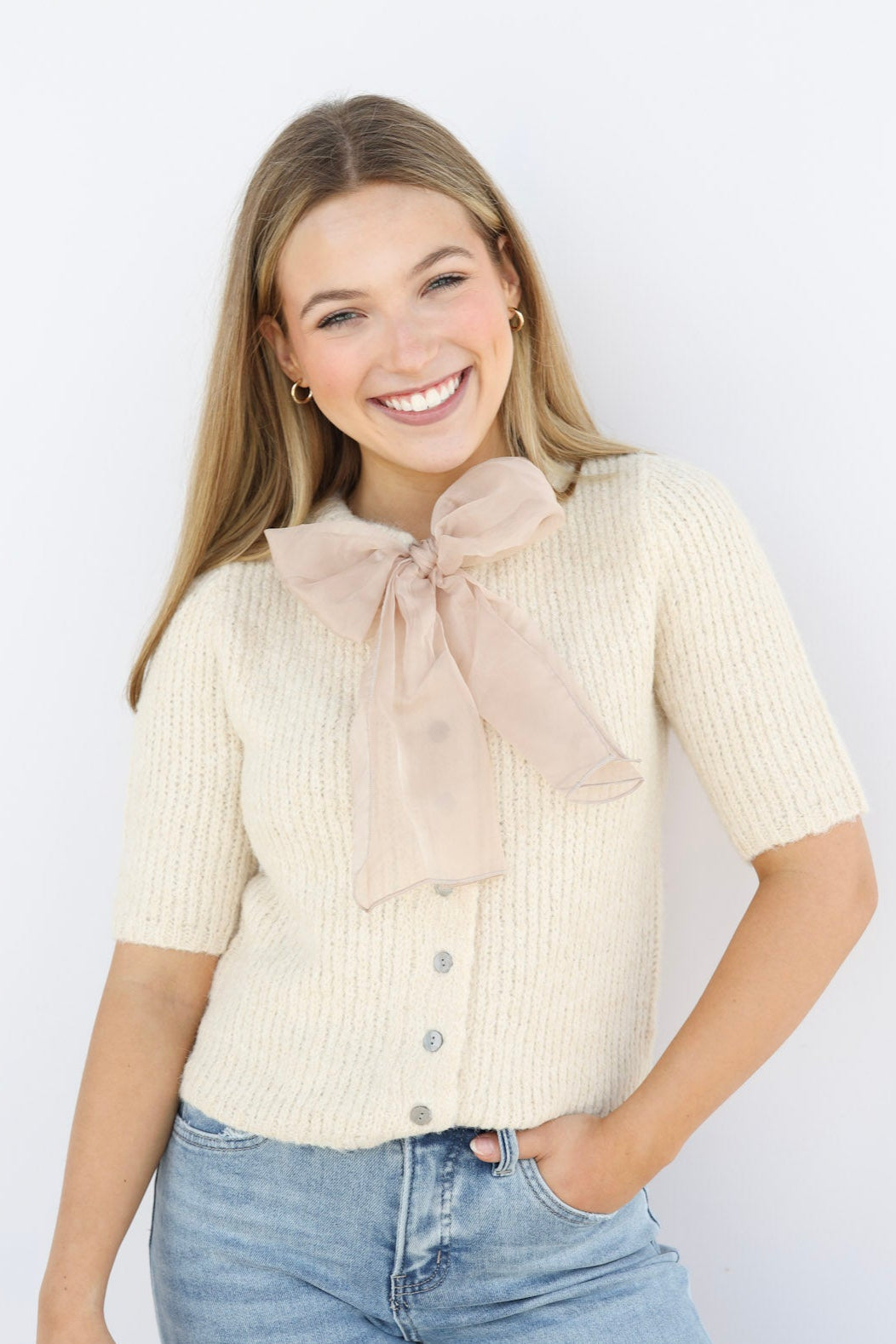 KNIT CARDI CHIFFON BOW
