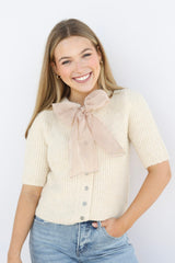 KNIT CARDI CHIFFON BOW