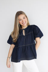 DENIM PUFF SLEEVE TIERED TOP