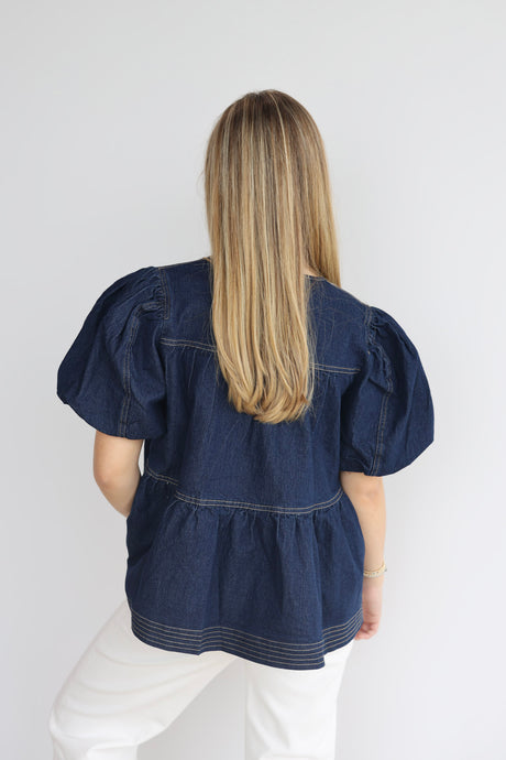 DENIM PUFF SLEEVE TIERED TOP