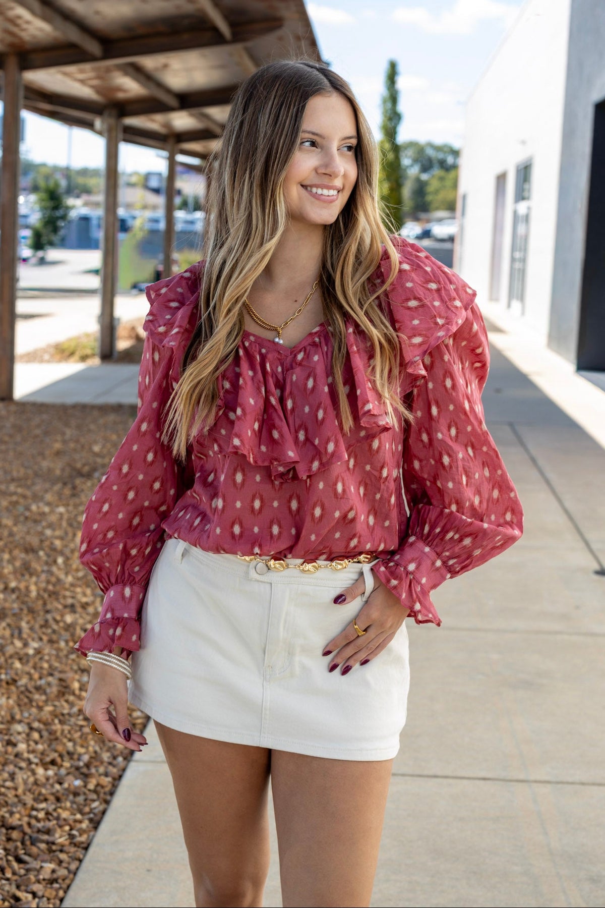 Printed Woven Ruffle Long Sleeve Top