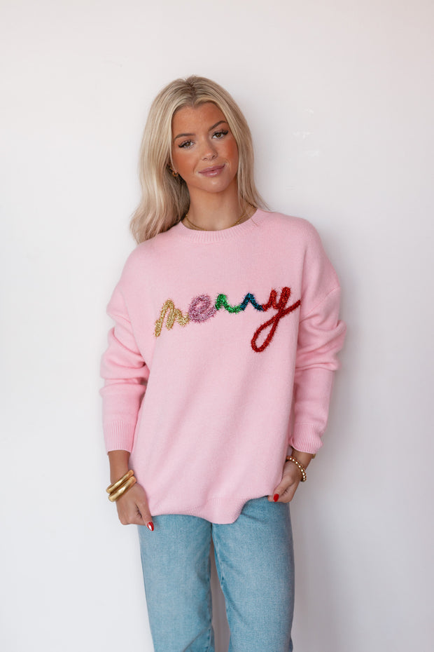 MERRY CURSIVE TINSEL SWEATER