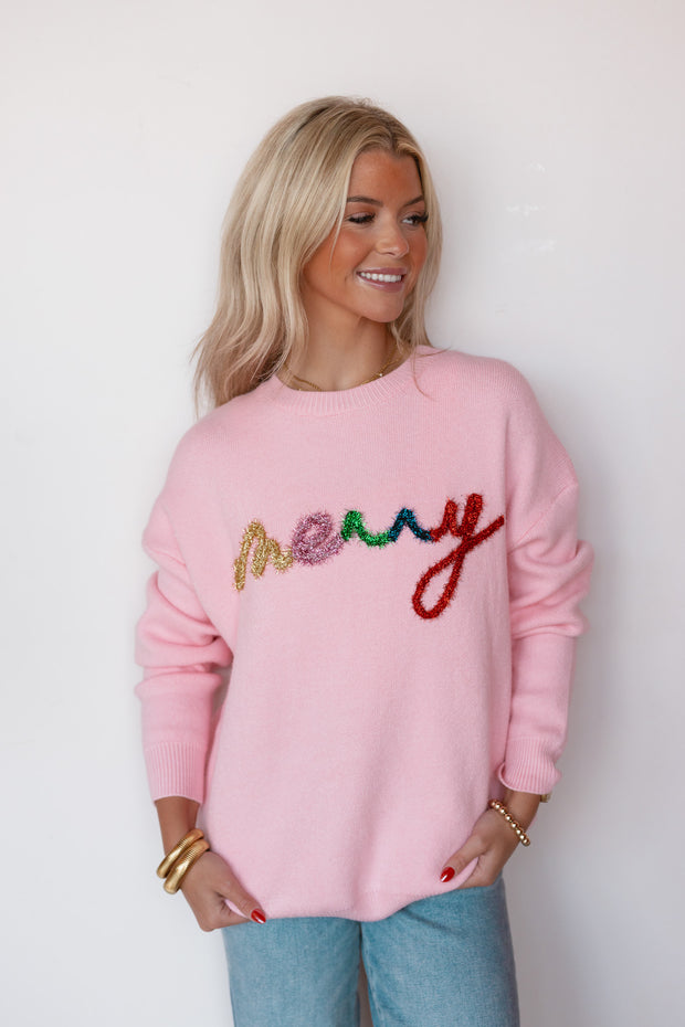 MERRY CURSIVE TINSEL SWEATER