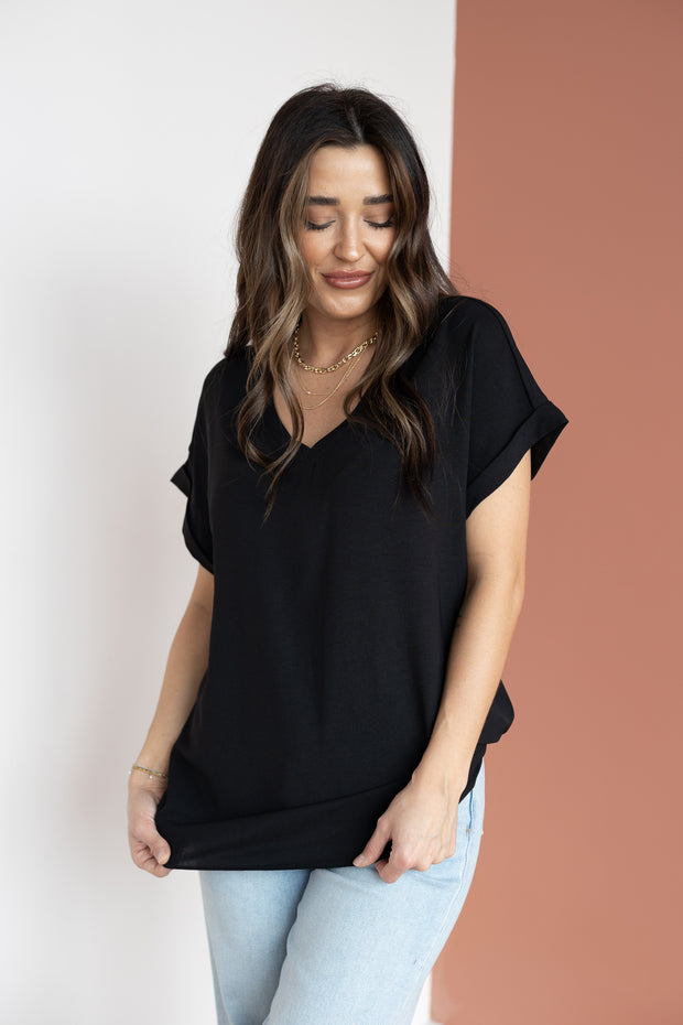 SOLID WOVEN VNECK TOP