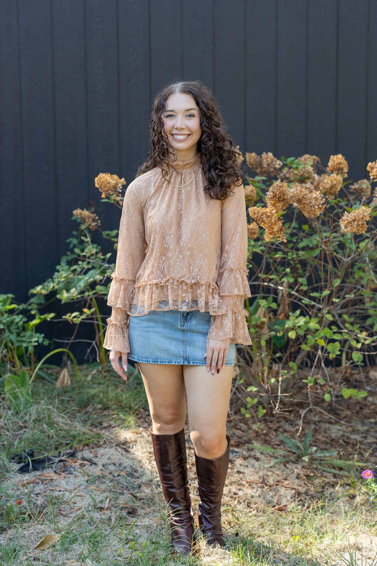 Mock Neck Ruffle Lace Top