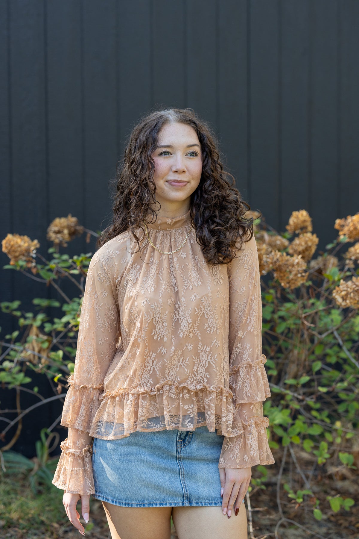 Mock Neck Ruffle Lace Top