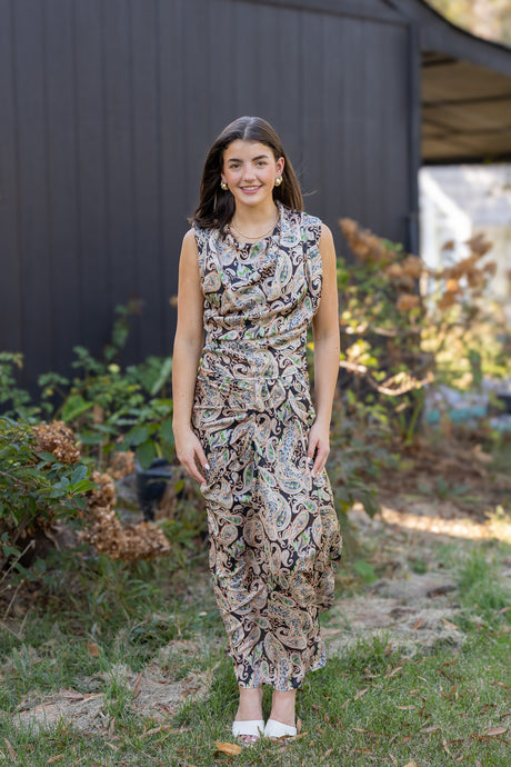 Posh Paisley Draped Neckline Sleeveless Top