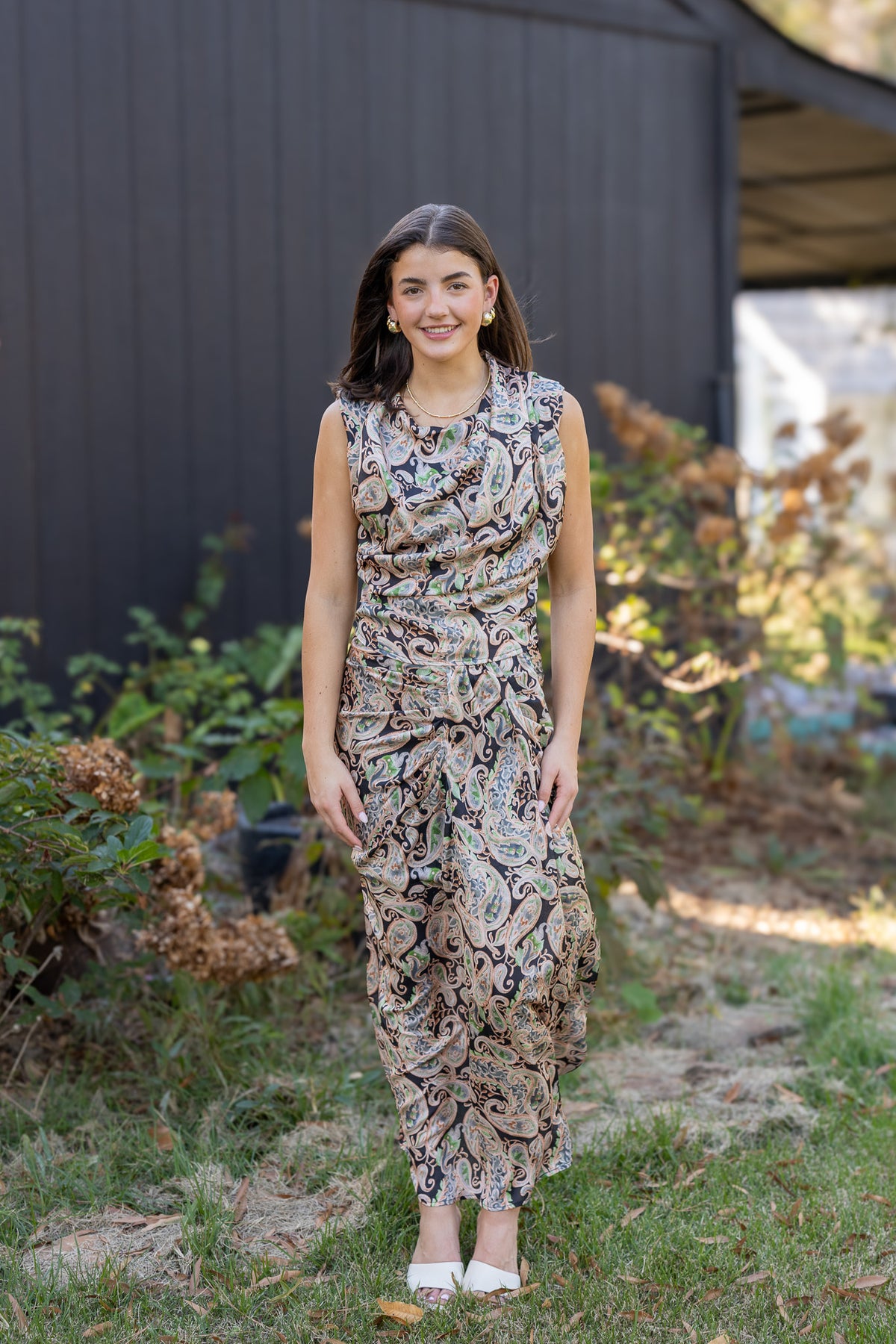 Posh Paisley Draped Wrap Midi Skirt