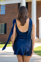 Cowl Neck Back Open Scarf Satin Mini Dress