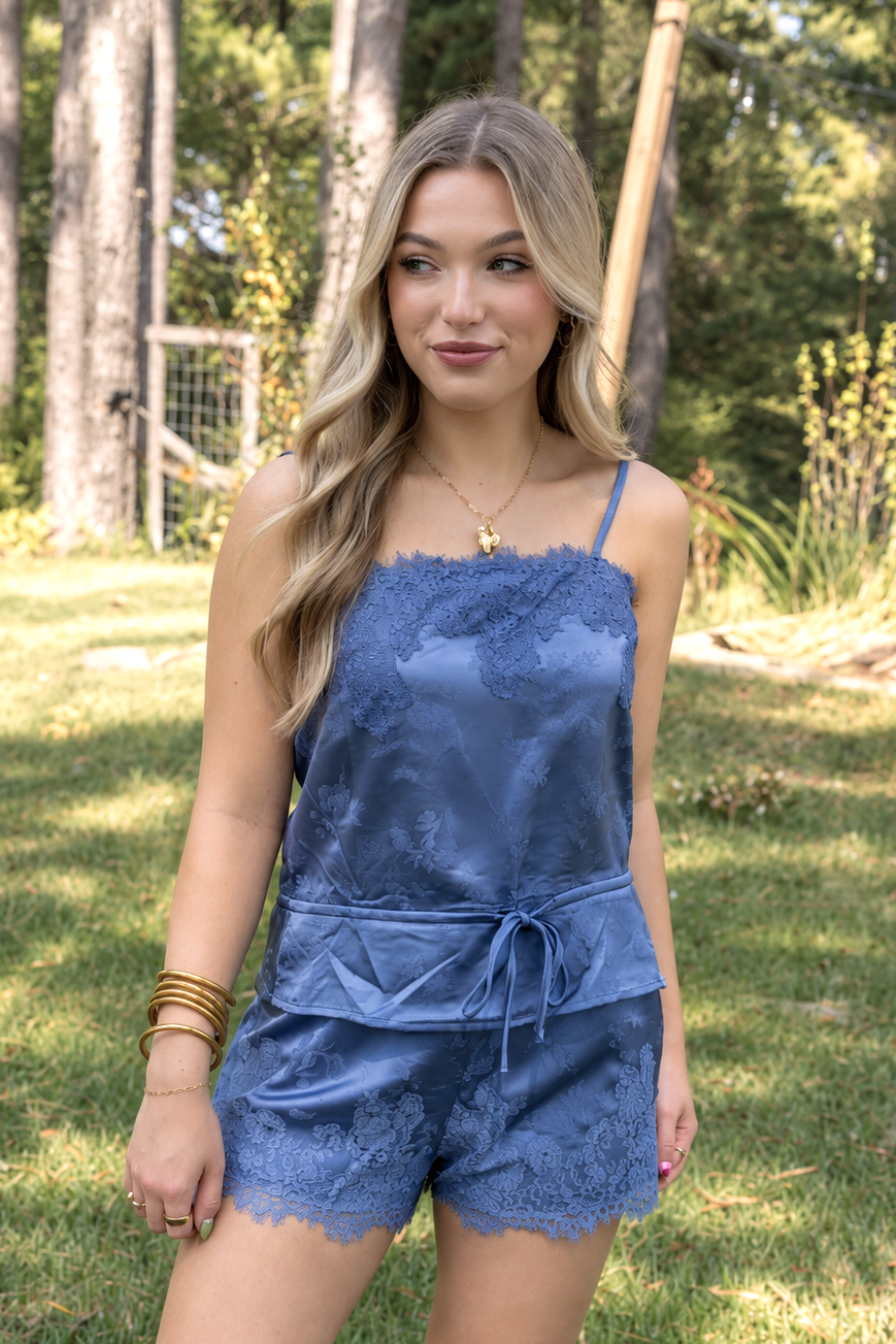 Lace Trim Satin Cami & Shorts Set