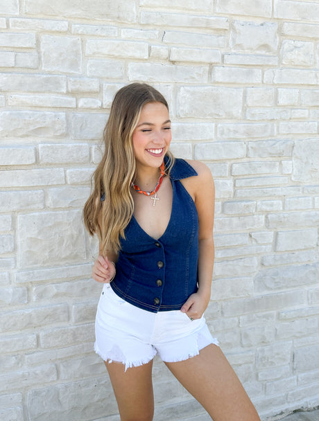 STRETCH DENIM HALTER TOP