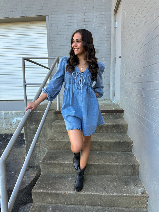 VNECK LONG SLEEVE DENIM ROMPER