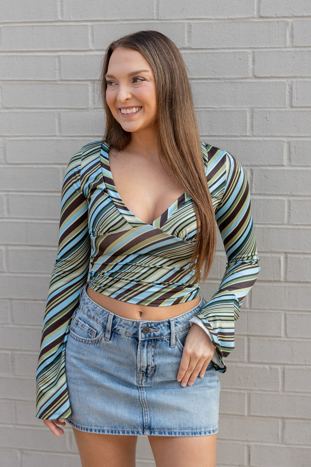 V-Neck Stripe Long Sleeve Top with Bell Sleeves