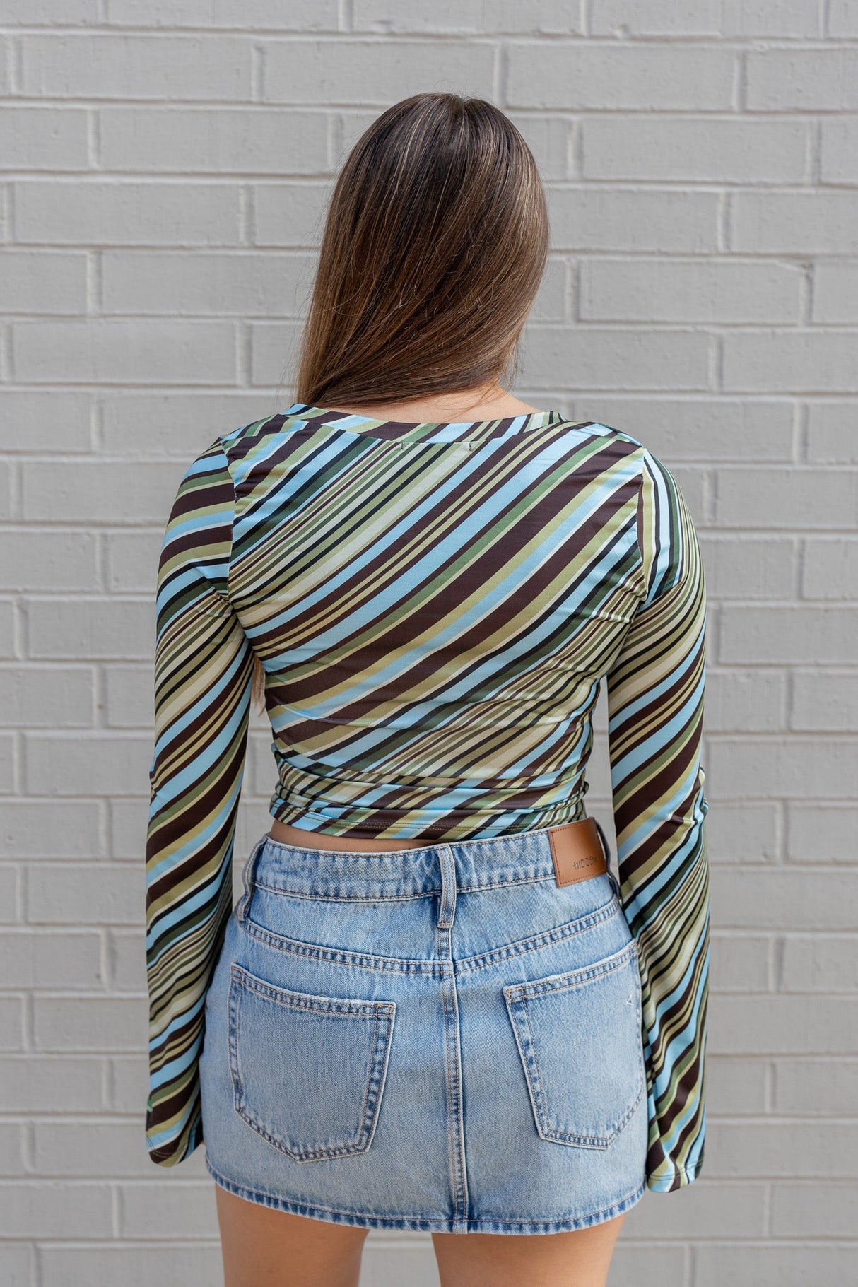 V-Neck Stripe Long Sleeve Top with Bell Sleeves