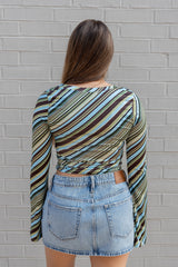 V-Neck Stripe Long Sleeve Top with Bell Sleeves