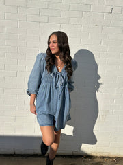 VNECK LONG SLEEVE DENIM ROMPER