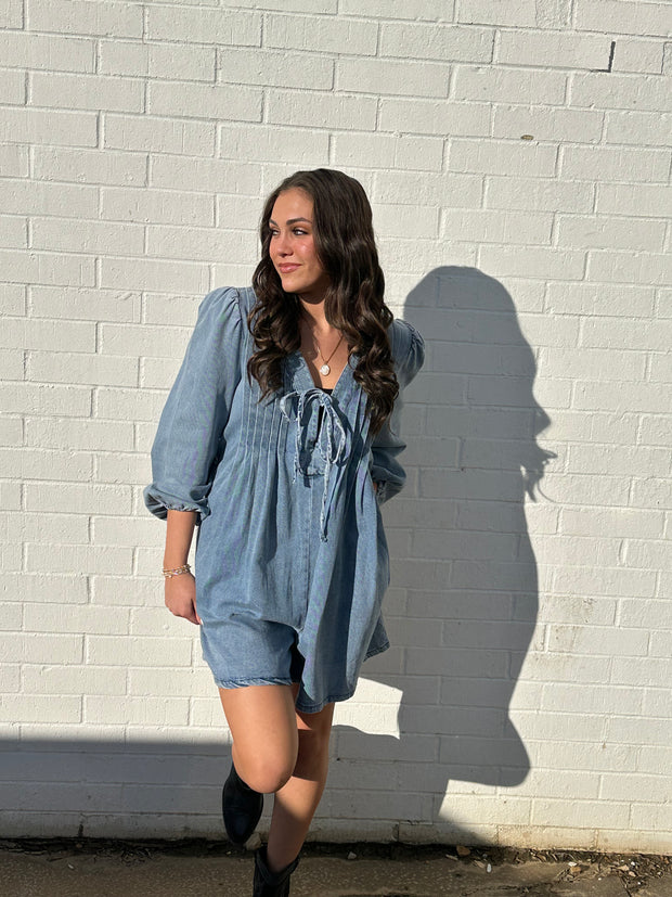 VNECK LONG SLEEVE DENIM ROMPER