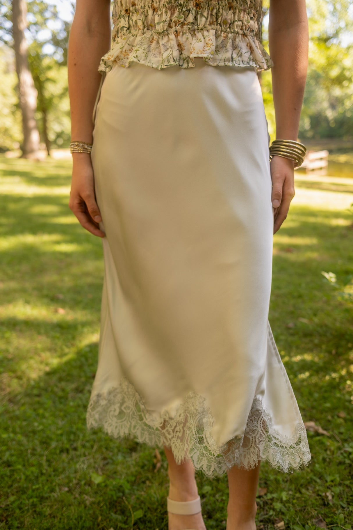 Satin Lace Hem Pencil Skirt
