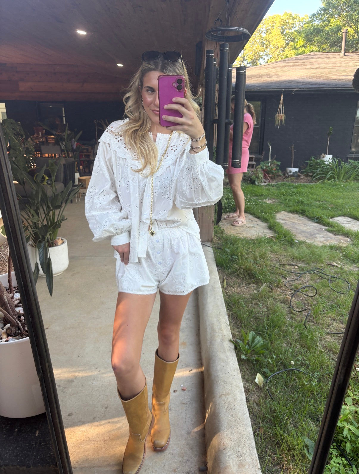 Eyelet Cotton Button Detail Shorts