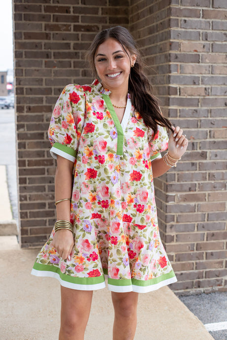 Floral Contrast Trim Mini Dress