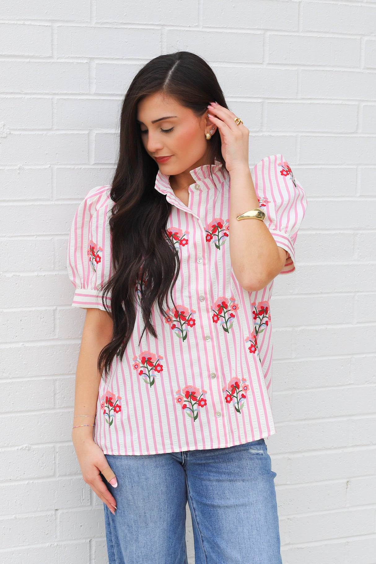 Floral Striped Button Up Top