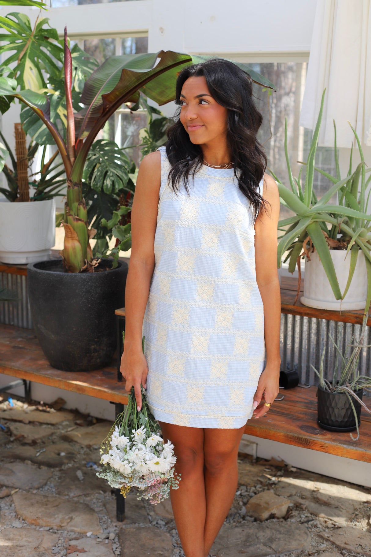 Light Blue Embroidered Shift Mini Dress