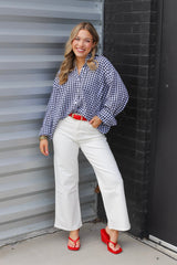 Oversized Gingham Button Top