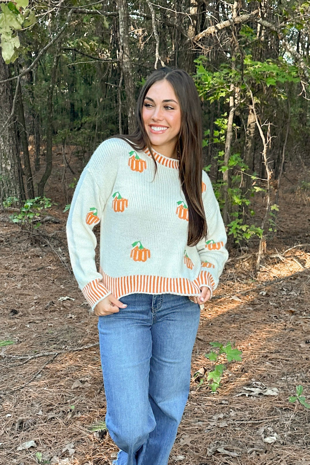 PUMPKIN EMBROIDERED STRIPE SWEATER