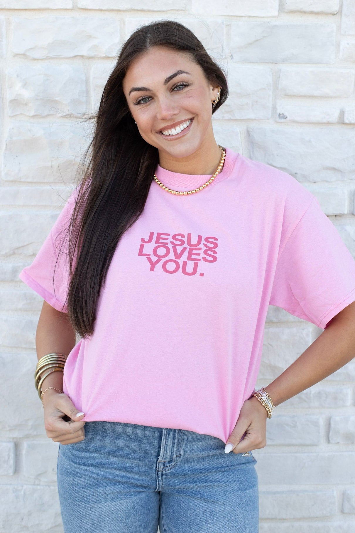 Jesus Loves You Pink Clay Logo Tee