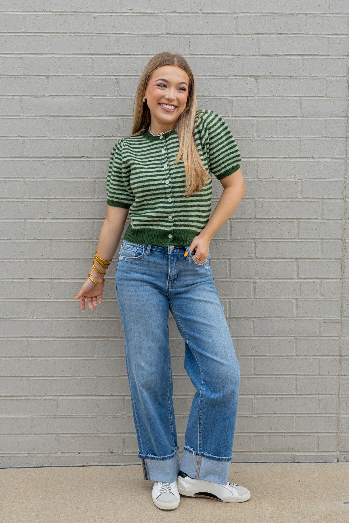 Puff Short Sleeve Stripe Cardigan