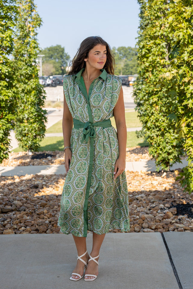 Sleeveless Pleat Belt Satin Print Shirt Midi