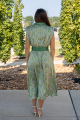 Sleeveless Pleat Belt Satin Print Shirt Midi