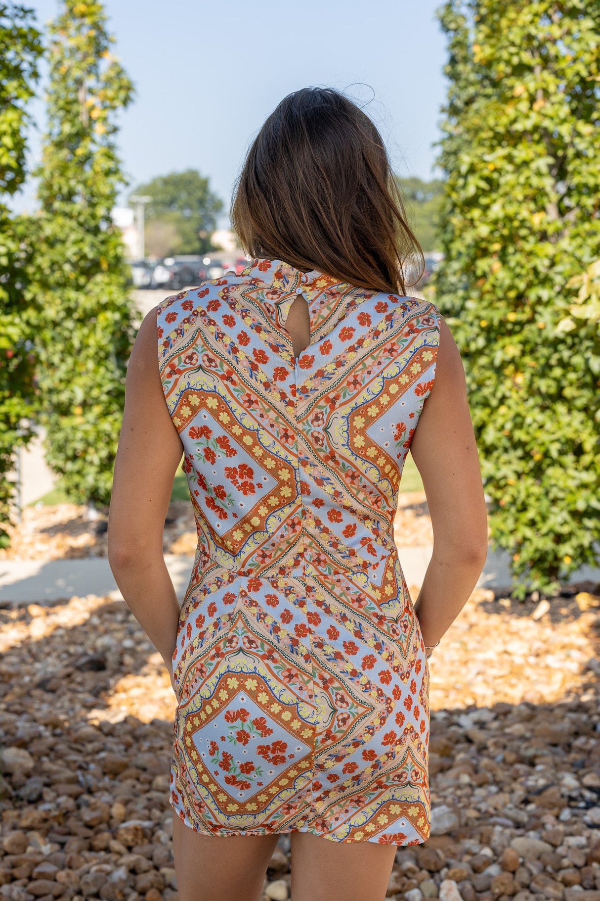 Scarf Print Ruched Sleeveless Mini Dress