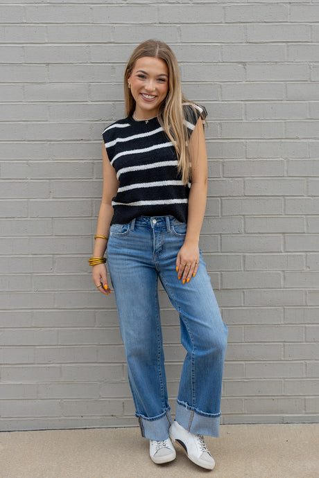 Shoulder Pad Sleeveless Striped Knit Top