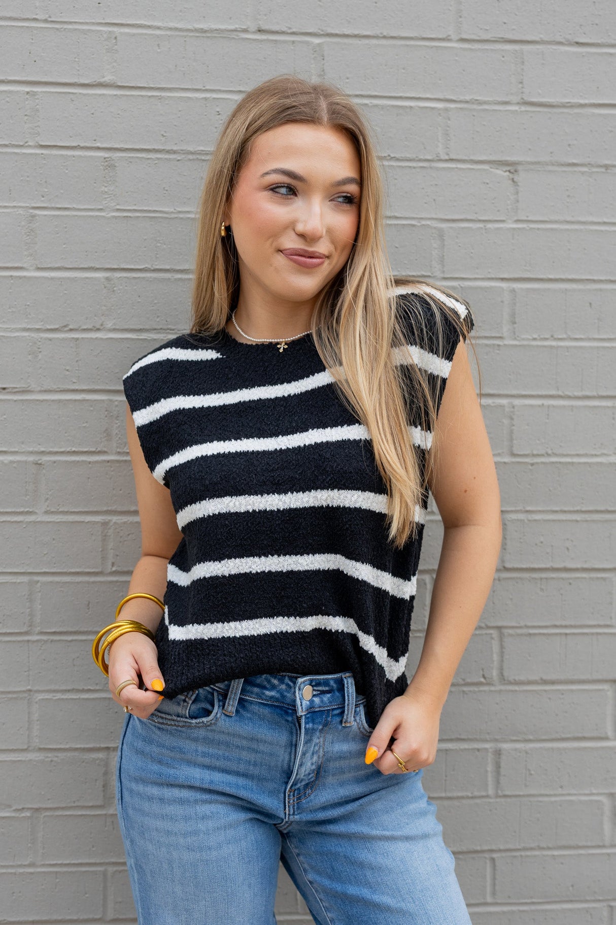Shoulder Pad Sleeveless Striped Knit Top