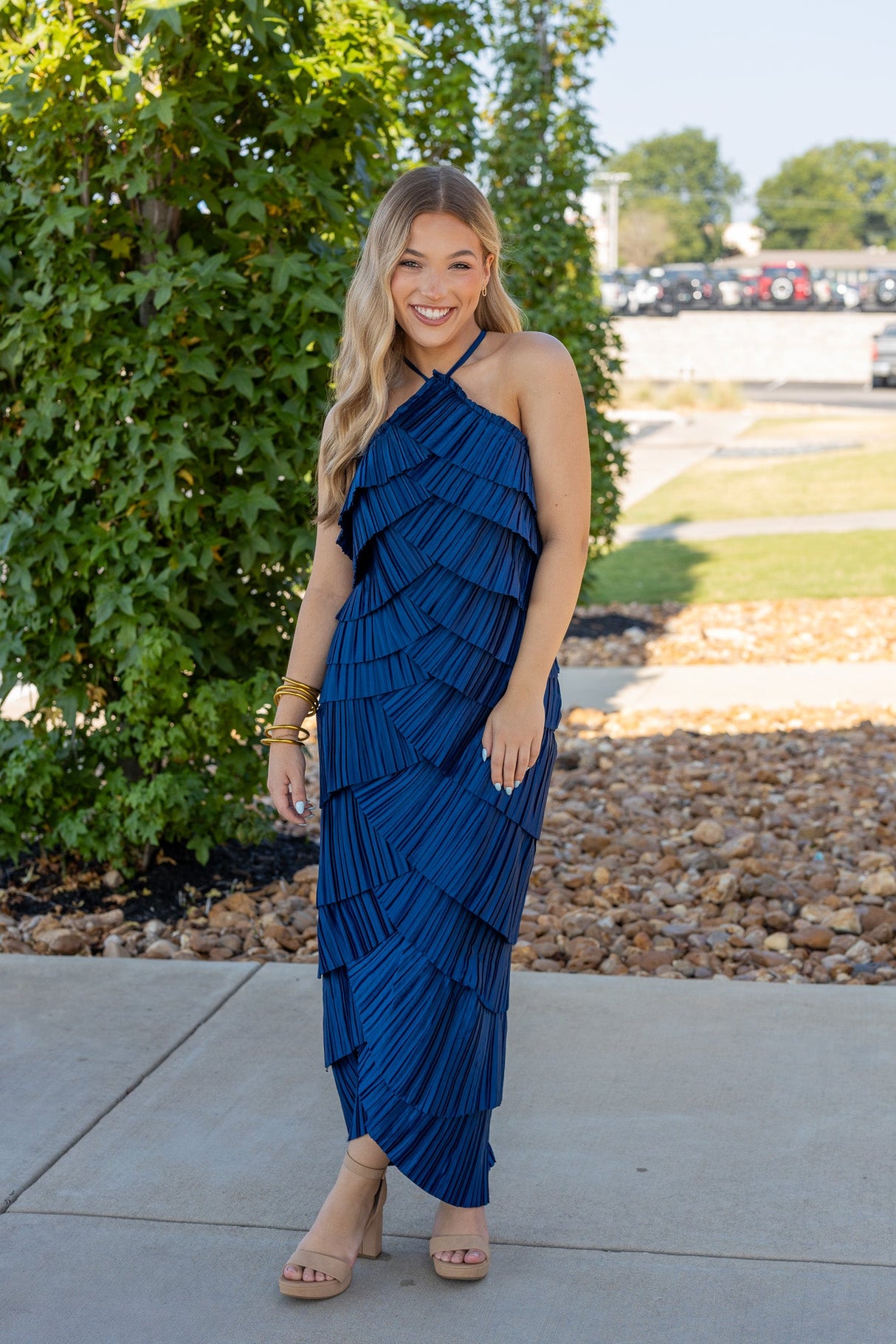 Pleated Satin Tiered Long Dress