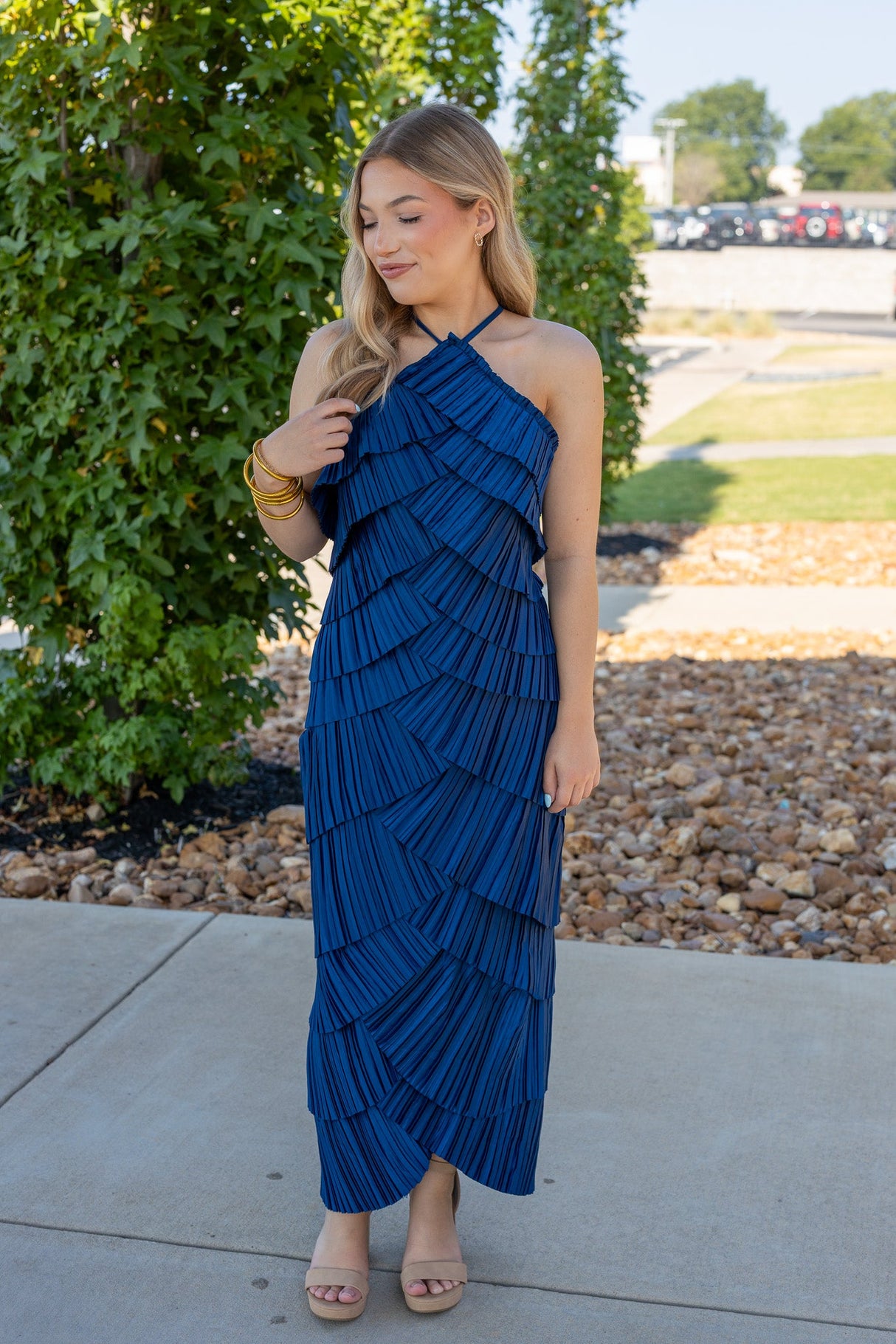 Pleated Satin Tiered Long Dress
