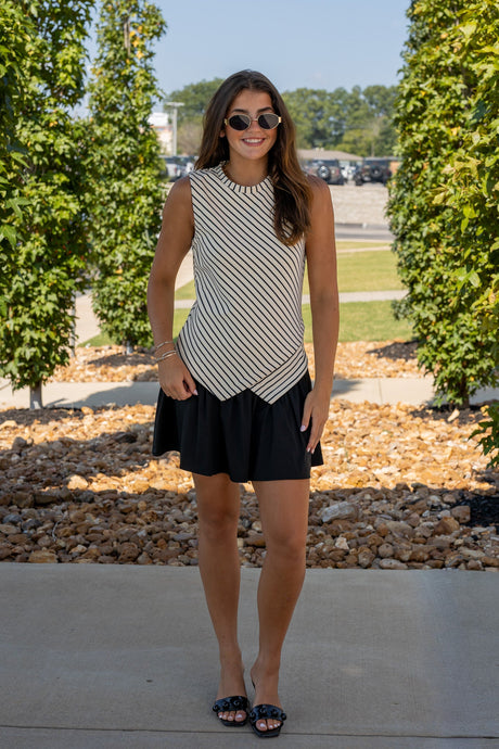 Wrap-Over Mixed Media Striped Knit Mini Dress