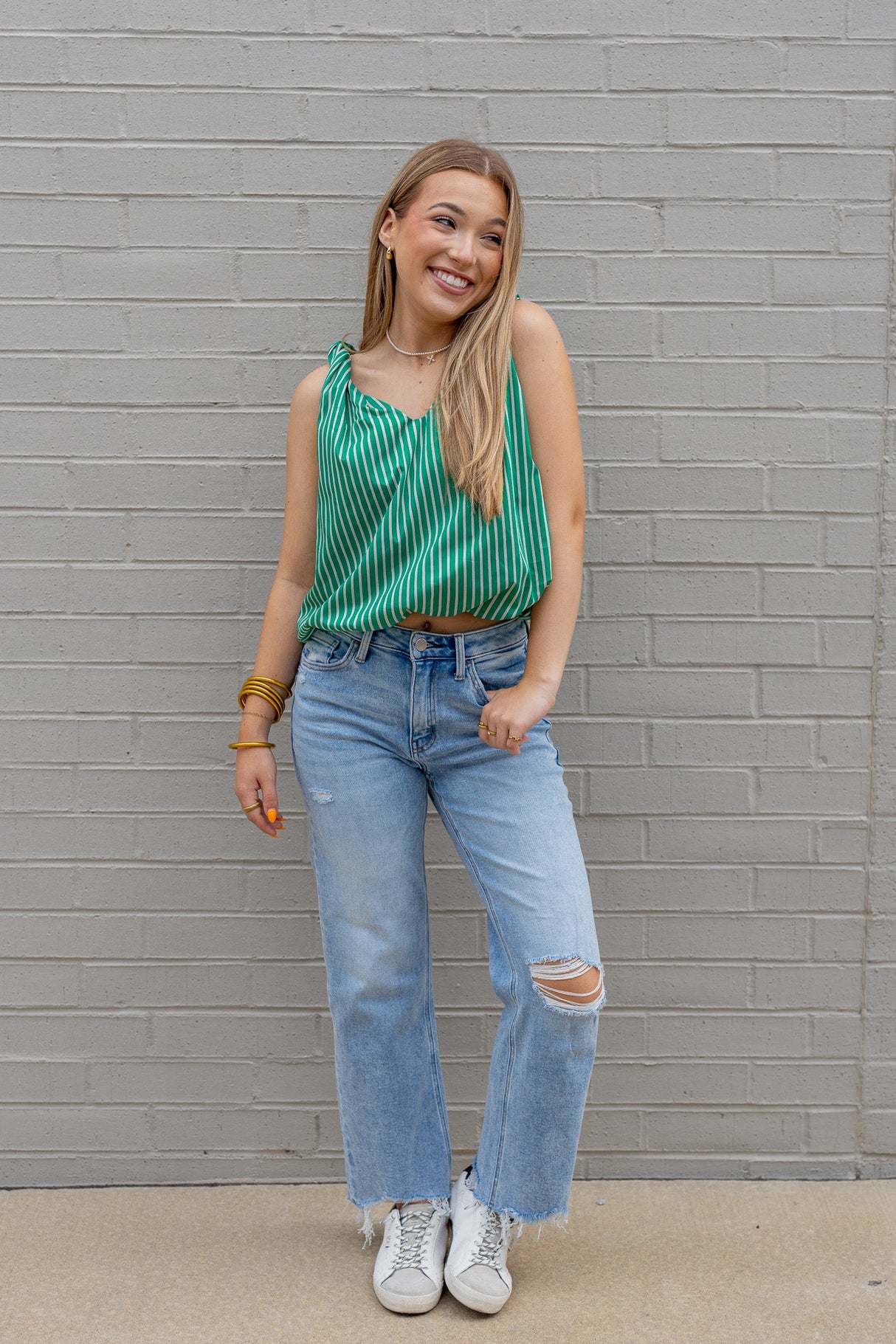 Striped Twisted Shoulder Bubble Top