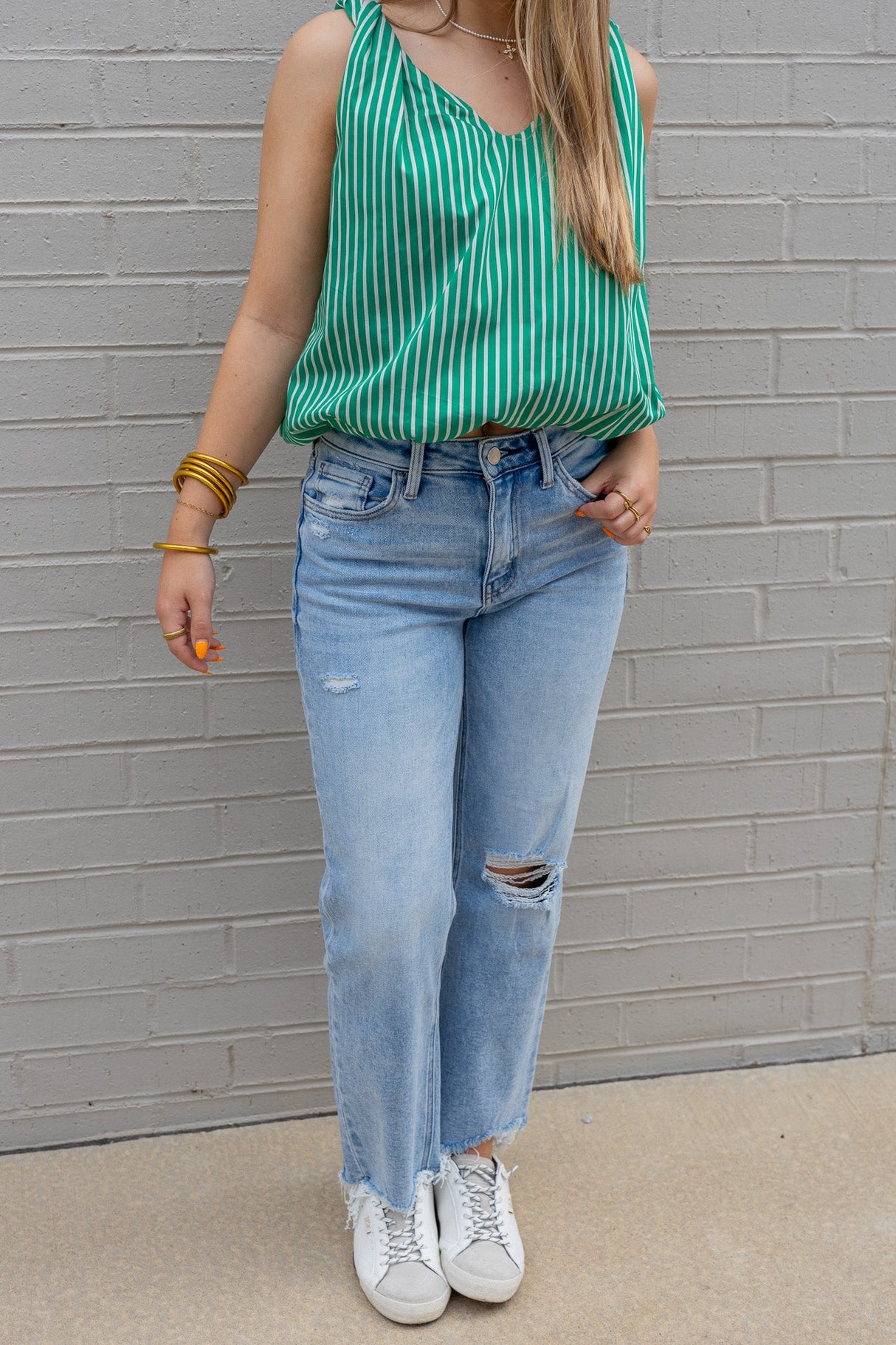 Striped Twisted Shoulder Bubble Top