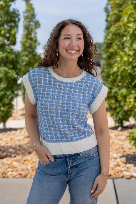 Sleeveless Check Tweed Knit Sweater Top