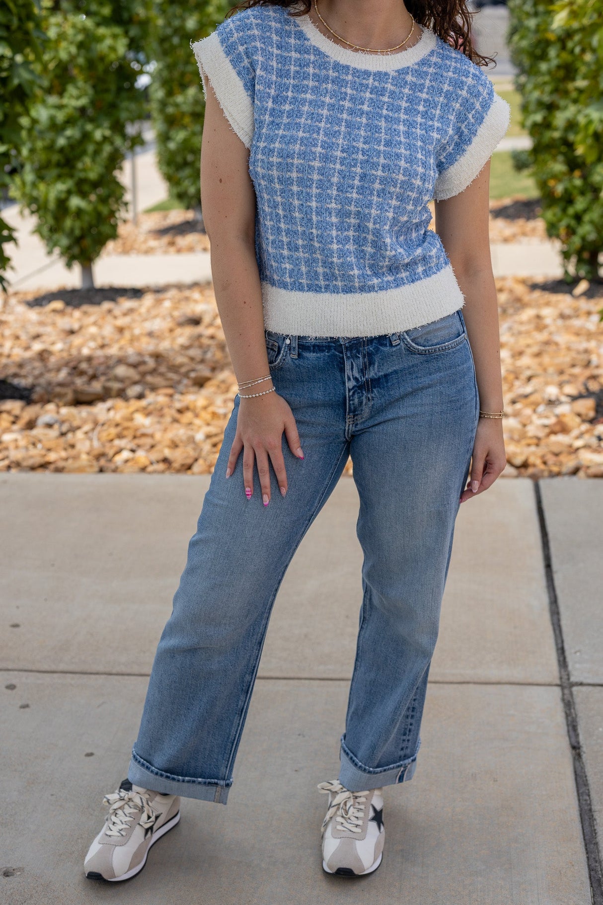 Sleeveless Check Tweed Knit Sweater Top