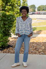 Long Sleeve Border Print Shirt Blouse