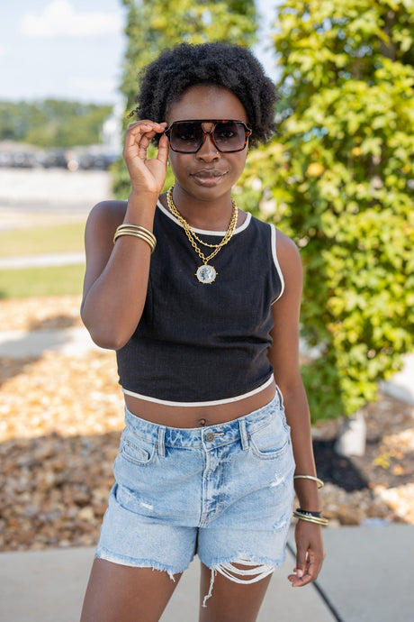 Linen Cropped Top with Contrast Piping Detail
