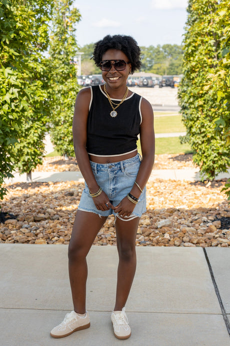 Linen Cropped Top with Contrast Piping Detail