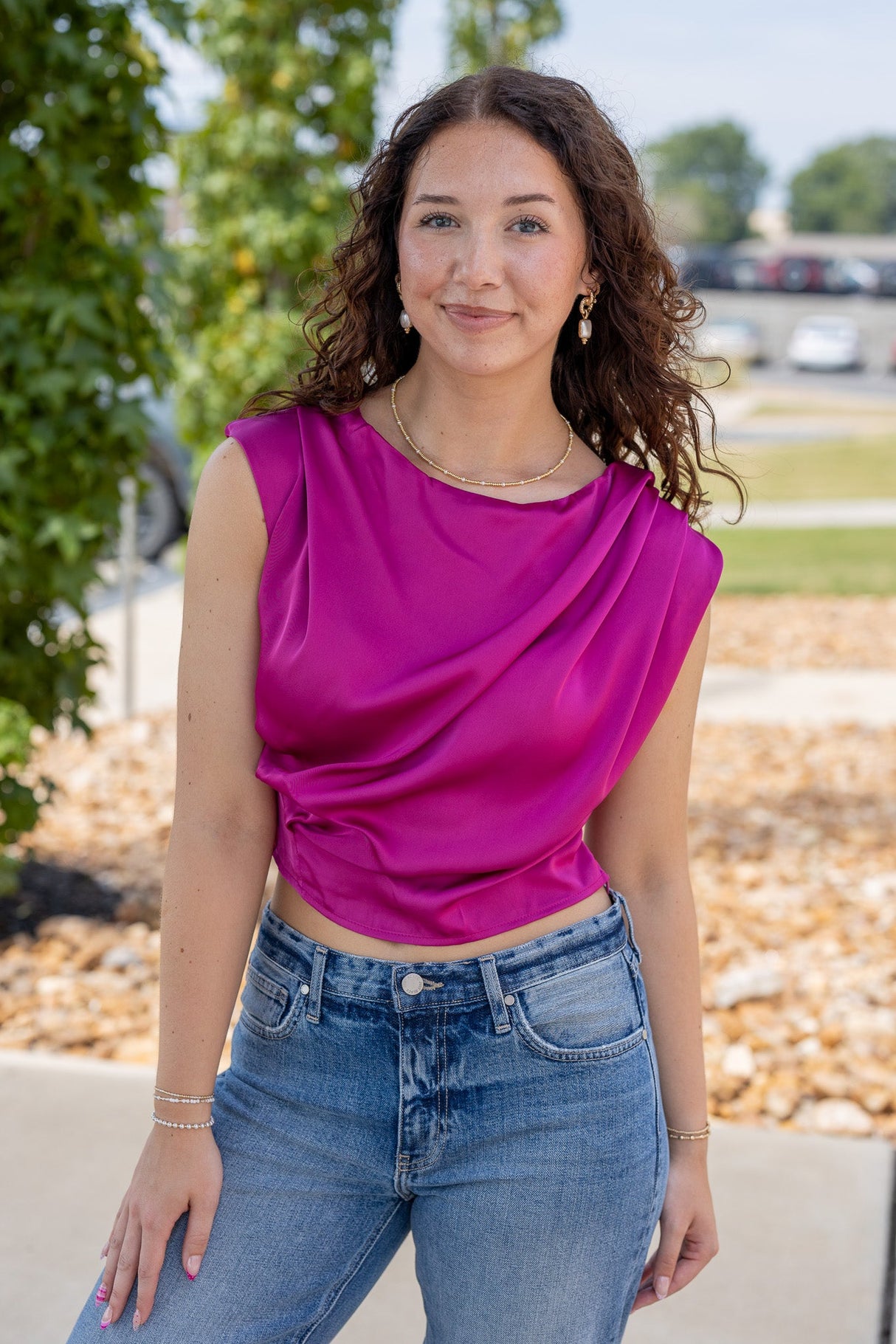 High Cowl Neck Satin Top