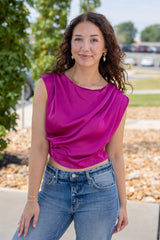 High Cowl Neck Satin Top