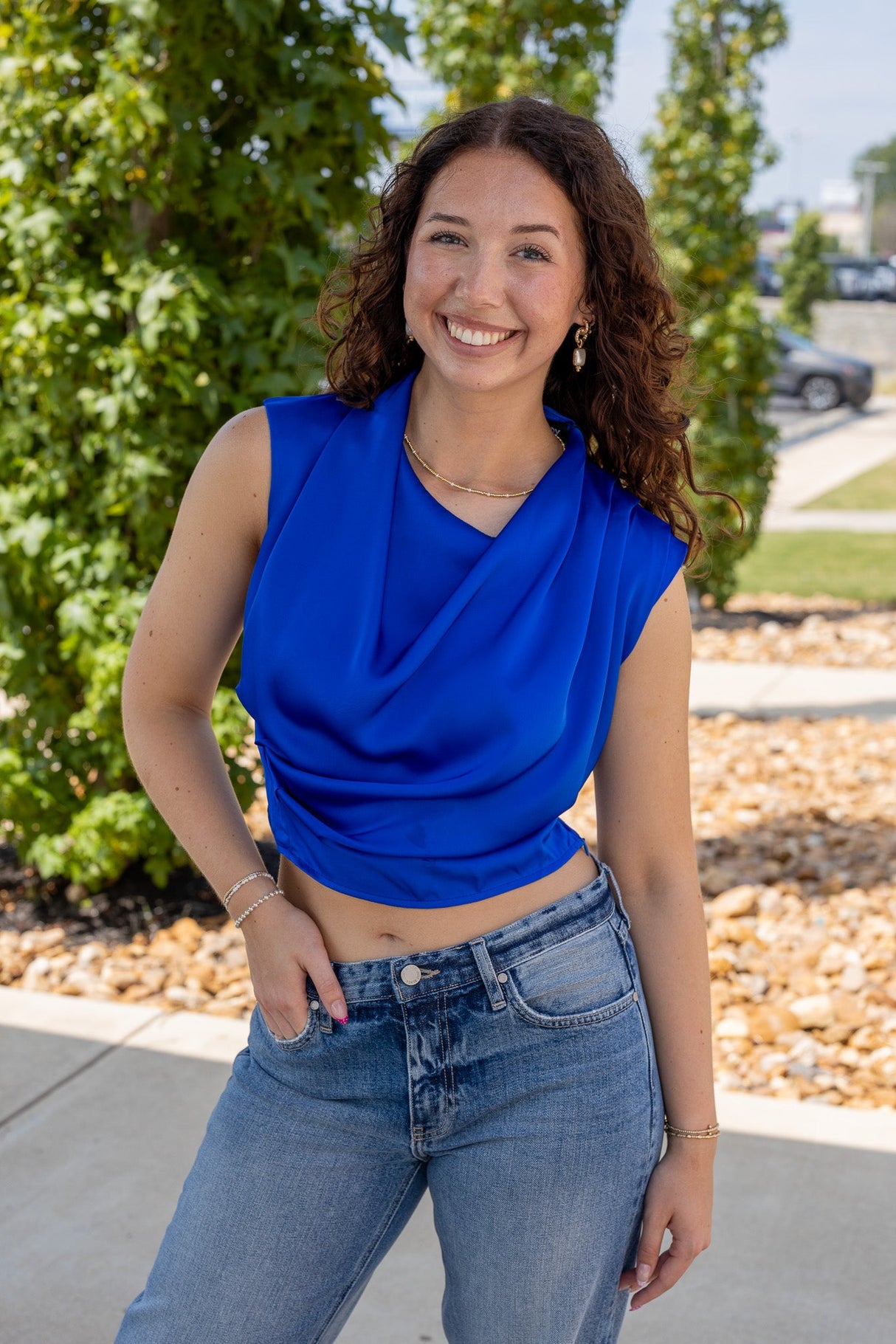 High Cowl Neck Satin Top